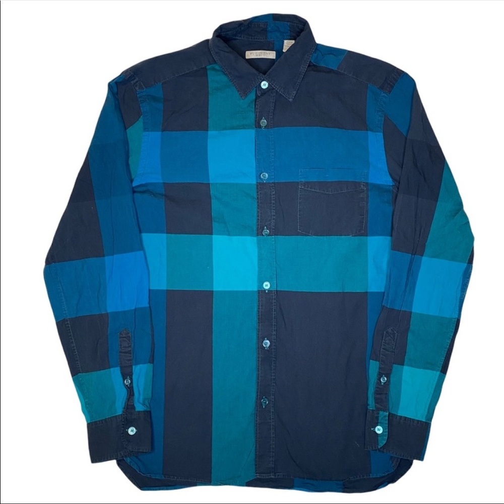 Burberry Brit Plaid Checkered Pattern Button Up Down Dress Shirt Small Blue Gree - Picture 6 of 7